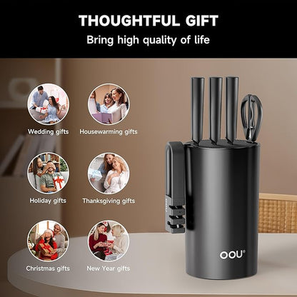 OOU Knife Set with Block and Sharpener, 6 Pcs High Carbon German Steel Kitchen Knife Block Set with Universal Knife Holder, Dishwasher Safe Knife Set for Small Kitchen, Space-Saving, Anti-Rust
