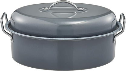 BRONYPRO Roasting Pan with Rack, 18-Inch Granite Roaster with Lid, 20 lb Capacity for Turkey, Chicken, and Vegetables, Light Gray
