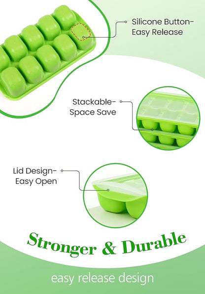 DOQAUS Ice Cube Tray with Lid and Bin, 4 Pack Easy Pop Out Silicone Ices Cubes Trays for Freezer with Cover, Stackable Compact Ice Bucket Kits, for Soup, Food, Cocktail, Coffee