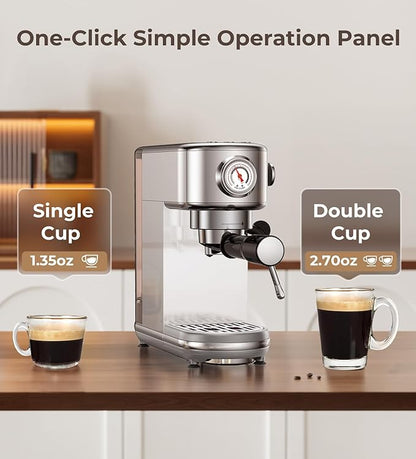 Espresso Machine with Milk Frother, 20 Bar High Pressure Professional Espresso Maker Automatic, Compact Stainless Steel Coffee Machine for Cappuccino, Latte, Gift for Coffee Lover, Dad or Mom, Silver