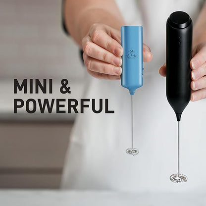 Mini & Mighty Milk Frother Wand – Powerful Handheld Coffee Frother, Battery Operated Drink Mixer – Compact Pocket Size – Detachable Whisk for Latte, Cappuccino, Matcha, Hot Chocolate – Metallic Blue