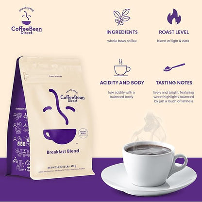 Coffee Bean Direct Breakfast Blend, Whole Bean Coffee, Mild and Mellow, Mixed Roast Level, 1 Pound Bag (Pack of 1)