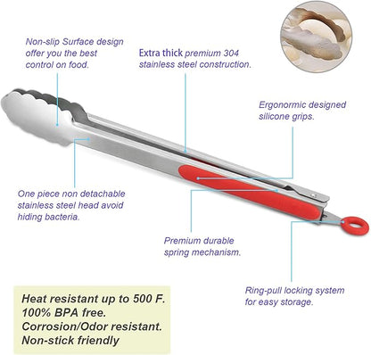 304 Stainless Steel Kitchen Cooking Tongs, 9" and 12" Set of 4 Sturdy Grilling Barbeque Brushed Locking Food Tongs with Ergonomic Grip, Red