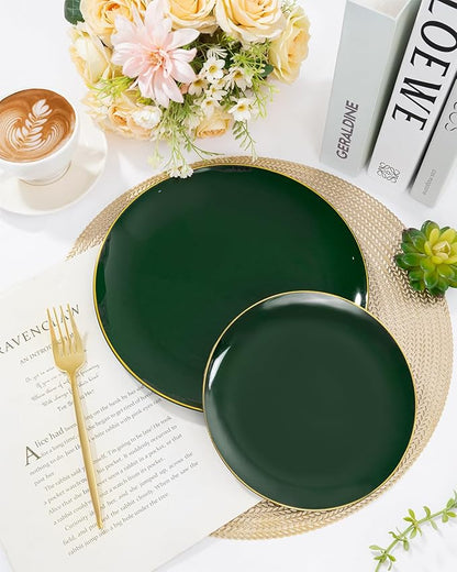 PULOTE 200PCS Green Plastic Plates - Heavy Duty Green Disposable Include 100 Each (10 inch Dinner & 7 inch Dessert) Plates for Christmas Party