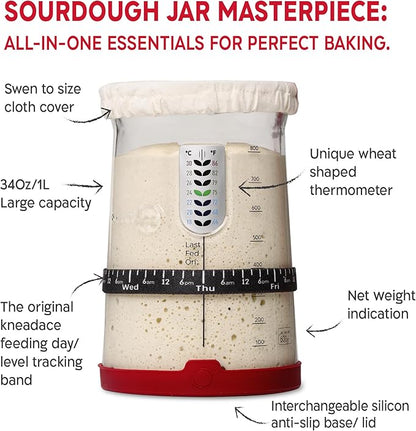KneadAce Sourdough Starter Kit – 34oz Starter Jar, 2 Cotton Rope Banneton Proofing Baskets, Magnetic Bread Lame for Scoring – Gift for Bakers & Complete Sourdough Bread Baking Set