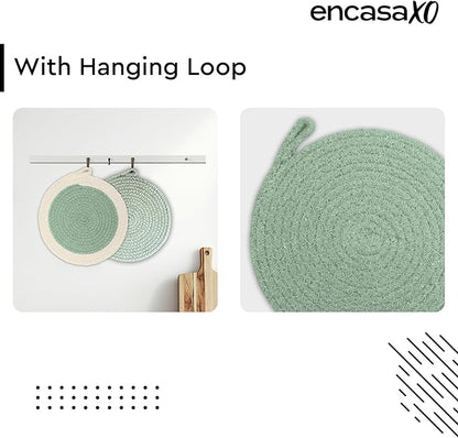Encasa XO Round Trivet Mats for Hot Dishes with Hanging Loop | Sage Combo - Set of 6 with 7 inch Diameter | Cotton Round Thick Heat Resistant Pot Holders | Use Hot Pads Plate Mats for Hot Pots & Pans