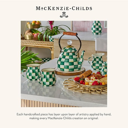 MACKENZIE-CHILDS Enamel Salad Serving Set, Enamel Bowl and Wooden Salad Servers, Decorative Kitchen Set, Green-and-White Emerald Check