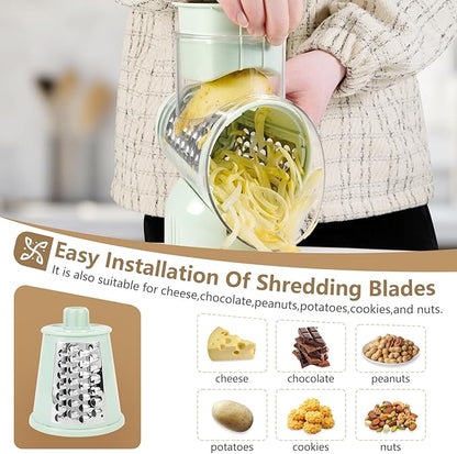 Rotary Cheese Grater with Handle Vegetable Shredder with 5 Interchangeable Blades, Kitchen Food Slicer and Chopper with Strong Suction Base for Fruit Vegetables Nuts with Blade Storage Box (Green)