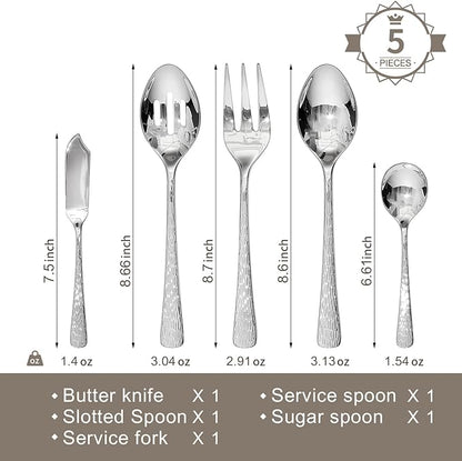 KINGSTONE Hammered 5-Piece Serving Utensil Set, 18/10 Stainless Steel Flatware for Catering, Party Include Spoons, Slotted Spoon, Fork, Butter Knife - Mirror Finish & Dishwasher Safe