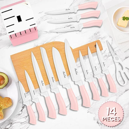 14 Pieces Knife Set with Block, Ceramic White Coating, High Carbon Stainless Steel Sharp Blade Block Knife Set, Dishwasher Safe Cutlery, Colliding Pink