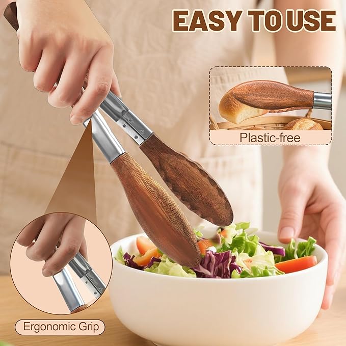 Wooden Tongs for Cooking, Multi-Purpose for Tossing Salads, Grilling, Flipping Food & Serving Bread - Strong Grip Walnut Wood Tips, Heat Resistant & Non-Deforming (7inch)