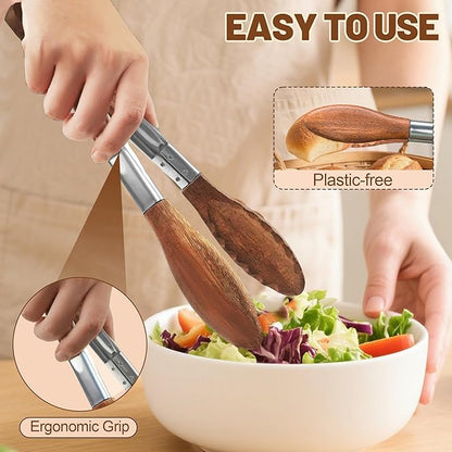 Wooden Tongs for Cooking, Multi-Purpose for Tossing Salads, Grilling, Flipping Food & Serving Bread - Strong Grip Walnut Wood Tips, Heat Resistant & Non-Deforming (7inch)