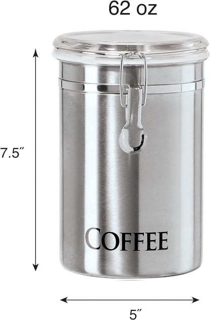 OGGI Stainless Steel Canister 62oz - Airtight Clamp Lid, Clear See-Thru Top. Large Size 5" x 7.5" & Jumbo 8" Stainless Steel Flour Clamp Canister - Airtight Food Storage Container Ideal, Dry Foods