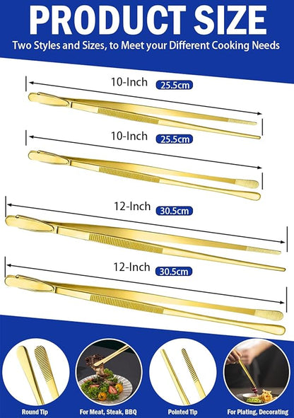 JETKONG 4 Pcs Kitchen Tweezers, 12'' and 10'' Stainless Steel Cooking Tweezers Set, High-Precision Tweezers Tongs for Cooking, Repairing, Seafood and BBQ (Gold)