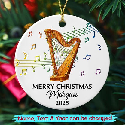 Customized Year Text Name Harp Player Christmas Ornament, Unique Harp Instrument Ornaments Gift for Women Men Harpist Appreciation Birthday, Personalized Harp Musical Ceramic Christmas Ornament 2025