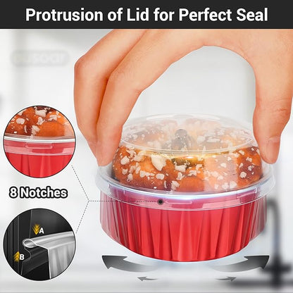 EUSOAR Aluminum Foil Muffin Cupcake Ramekin, 50pcs 5oz 125ml Disposable Aluminum Foil Muffin Cupcake Liners Cups with Lids, Disposable Aluminum Foil Cupcake Baking Cups Holders Cases Boxes Pans