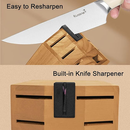Kuisine Kitchen Knife Set,High Carbon Stainless Steel Ultra Sharp Blade Ergonomic Handle,Knife Block Set with Built-in Sharpener,Elegant Gift for Holiday(Irovy-Acacia,15PCS)