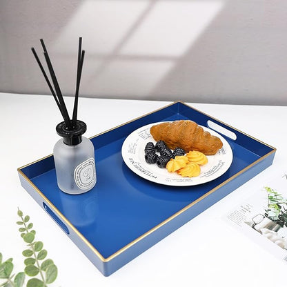 Spsyrine Blue Decorative Serving Tray with Handles, Elegant Plastic Coffee Table Tray for Ottoman, Living Room, Home Decor 15.6" X 10.2"