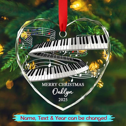 Customized Year Text & Name Keyboard Musical Glass Ornament, Personalized Keyboard Player Christmas Ornaments Gift for Husband Wife Brother Sister Dad Mom, Unique Keyboards Glass Christmas Ornament