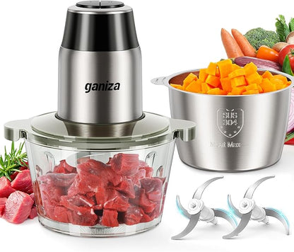 GANIZA Food Processors, Electric Food Chopper with Meat Grinder & Vegetable Chopper - 2 Bowls (8 Cup+8 Cup) with Powerful 450W Copper Motor - Includes 2 Sets of Bi-Level Blades (B0FNCM5JNM)