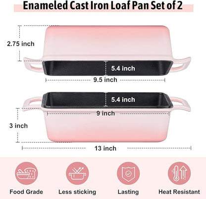 P&P CHEF 2 In 1 Enameled Cast Iron Loaf Pan with Lid, 9 x 5 Inch Bread Loaf Pans for Baking Homemade Sourdough Bread, Meatloaf, Toast, Cake, Nonstick & Healthy & Sturdy, 2 Piece Set - Pink
