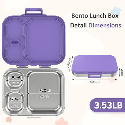 Stainless Steel Bento Box Kids, Leak Proof Metal Bento Lunch Box,3 Compartments 304 Stainless Steel Bento Lunch Containers for School and Office,BPA-Free(Purple)