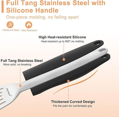 Stainless Steel Fish Spatula, Metal Fish Turner with Silicone Handle, Kitchen Slotted Spatula for Cast Iron Skillet Cooking and Grilling, Beveled Edge and Curved Blade, 13.5 Inch