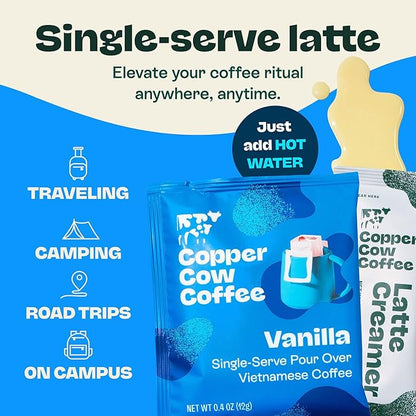 Copper Cow Premium Vietnamese Coffee Variety Pack (15 Coffees & 15 Creamers)| Classic Black, Vanilla, & Salted Caramel Latte | Pour Over Single-Serve Lattes, No Refrigeration Needed, Travel Friendly