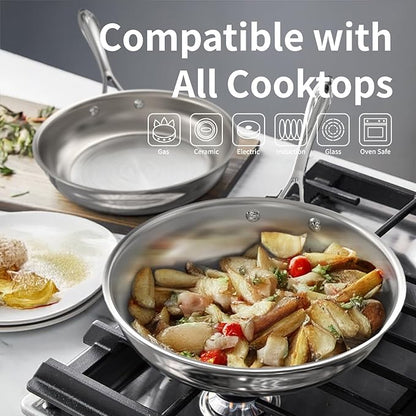 9.5 Inch Stainless Steel Frying Pan, 5-Ply Stainless Steel Skillet, Dishwasher and Oven Safe, Induction Pan, Even Heat Distribution