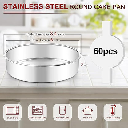 LIANYU 8 Inch Round Cake Pan Set of 2, Stainless Steel Baking Pans with 60 PCS Parchment Paper, Metal Circle Layer Cake Tins for Birthday Christmas Party, Oven & Dishwasher Safe