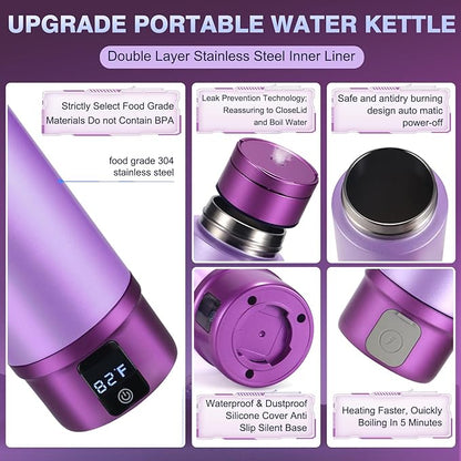 Vacuum-Insulated Portable Electric Kettle,Miicasa Stainless Steel Tumbler Small Electric Kettel,Travel Water Boiler with 6 Temperature and Auto Shut-Off Boil Dry,16oz