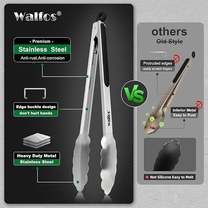Walfos Stainless Steel Kitchen Tongs for Cooking- 7 ，9 and 12 Inch, Food Grade Metal Tongs for Cooking, BBQ, Set of 3 Heavy Duty Locking Cooking Tongs Non-Slip Grip