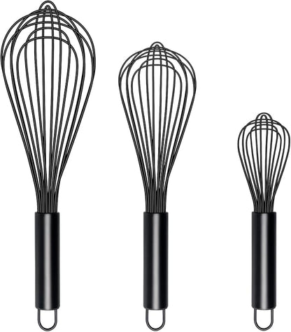 TEEVEA Silicone Whisk Set of 3 Non Scratch Non Stick Silicone Coated Stainless Steel Wire Whisks Heat Resistant 480°F Kitchen Wisk for Cooking Blending Whisking Tool Black
