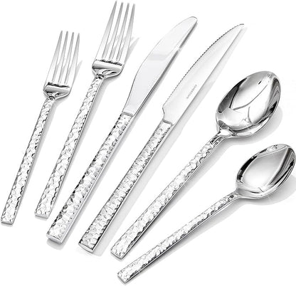 KINGSTONE 36 Piece Silverware Set with Steak Knives, Hammered Silverware Set for 6, 18/10 Stainless Steel Flatware, Cutlery Set for Home, Party, Wedding, Mirror Polished Dishwasher Safe