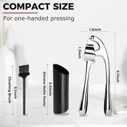 Kitessensu High Effective Premium Garlic Press Set, With Silicone Garlic Peeler & Brush, Heavy Duty Garlic Mincer, Easy to Squeeze and Clean, Rust Proof & Dishwasher Safe - Gloss Silver
