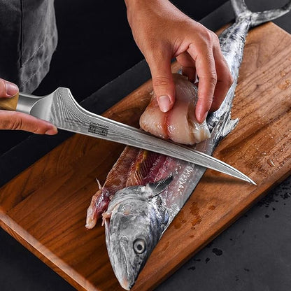 HOSHANHO 7 Inch Damascus Fillet Knife, Professional 10Cr15CoMoV Super Steel Japanese Boning Knife, Ultra Sharp Fish Knife with Ergonomic Olive Wood Handle