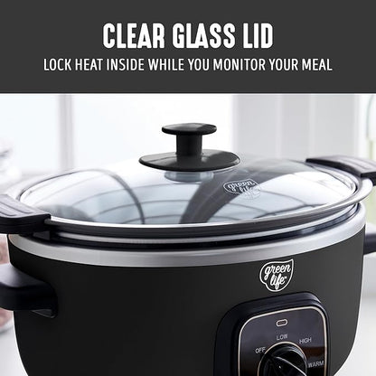 GreenLife 3.5QT Slow Cooker, Non-Toxic PFAS-Free Ceramic Nonstick Removable Interior Bowl, Programmable, Keep Warm, Stovetop & Oven Safe, Dishwasher Safe Parts, Glass Lid, Black
