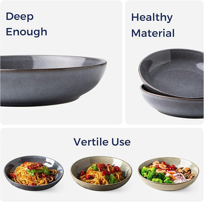 AmorArc 8.5'' Large Pasta Bowls, 36oz Stoneware Pasta Serving Bowls Set of 6 for Kitchen, Wide Bowls for Pasta,Salad,Fruit,Oatmeal, Microwave Safe, Reactive Glaze-Gray