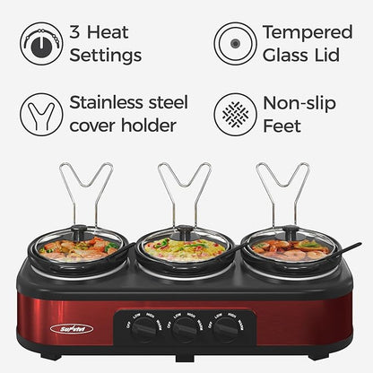 Sunvivi Triple Slow Cooker Buffet Servers and Warmer,3 Pot Food Small Mini Manual Slow Cooker with Adjustable Temp Stainless Steel Lid Rests,Removable Ceramic Pot, 3 * 1.5 Quarts Red