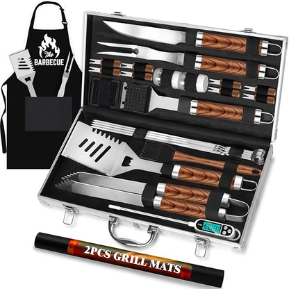 ROMANTICIST 26pcs Stainless Steel Grill Tool Set, Heavy Duty BBQ Grilling Accessories Gifts for Men Dad, Non-Slip Grill Utensils Kit with Apron, Thermometer, Mats in Aluminum Case for Christmas Brown