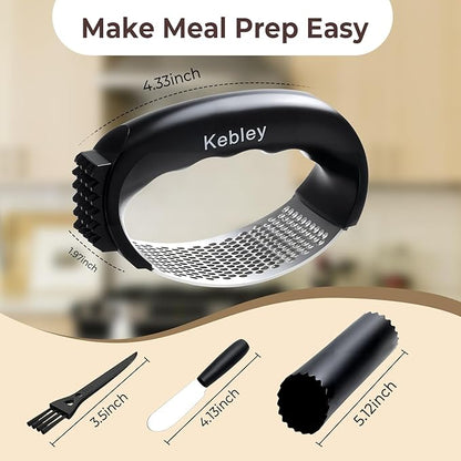 Garlic Press Rocker Stainless Steel Garlic Crusher, Mincer and Chopper with Peeler and Scraper,brush, Easy Kitchen Gadget for Effortless Smashing