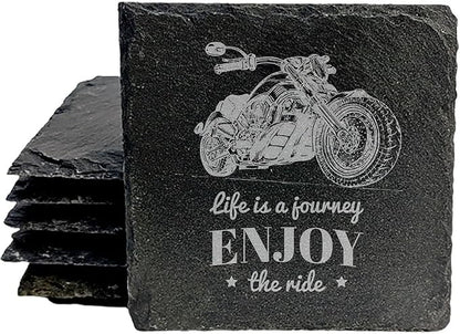 The Open Road Awaits: Motorcycle Coasters with Inspirational Quote - Square Slate - Set of 4