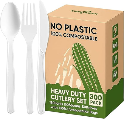 Compostable Utensils Set (300Pack), Heavy Duty & Eco-Friendly No-Plastic Spoons, Forks, Knives Cutlery Set - 100% Disposable Cornstarch Flatware for Lounge Party Wedding BBQ Picnic Camping