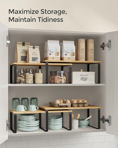 SONGMICS Cabinet Organizer Shelf, Set of 4 Kitchen Counter Shelves, Kitchen Storage, Spice Rack, Stackable, Expandable, Metal and Engineered Wood, Ink Black and Natural Beige UKCS210B01