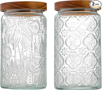 34 OZ/2 PCS Glass Storage Jar with Airtight Bamboo Wooden Lids, Vintage Food Containers Canisters Sets for Kitchen Counter Pantry, Sugar, Flour, Candy, Tea, Coffee Beans, Oats, Grain Bin, Pasta,