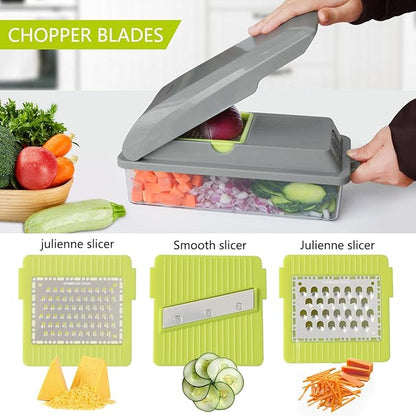 LHS Vegetable Chopper, Multifunctional Food Chopper, Pro Onion Chopper, Vegetable Slicer Dicer Cutter with 5 Blades, Veggie Chopper with Container, 3 in 1 Spiralizer Included(9-in-1,Grey)