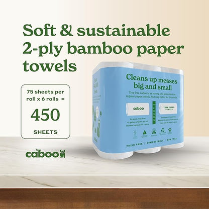 Caboo Tree Free Paper Towels, 6 Rolls, Eco Friendly, Earth Friendly, Sustainable Kitchen Paper Towels with Strong 2 Ply Sheets