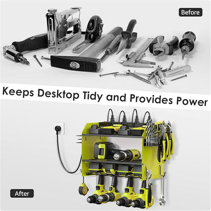 CCCEI Modular Power Tool Organizer Wall Mount with Charging Station. Garage Drill Storage Shelf with Hooks, Heavy Duty Rack, Tool Battery Holder Built in 8 Outlet. Gift for Men. Green, 2 Pack.