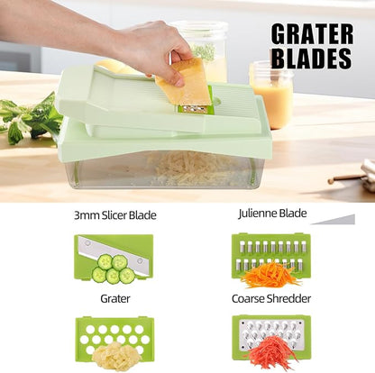 RüK 10-in-1 Vegetable Chopper – 6 Blade Veggie Chopper with Container, Food Dicer, Onion Cutter, Cheese Grater, Mandoline Slicer, Kitchen Gadgets & Home Essentials (Green)
