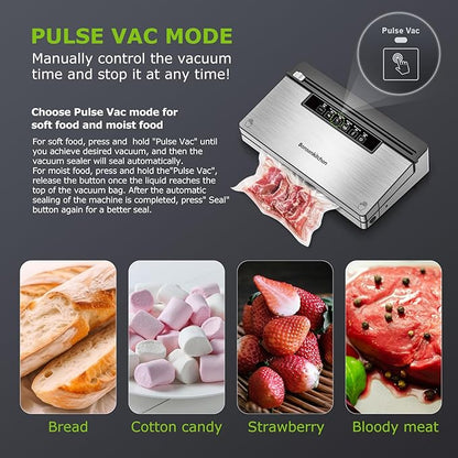 Bonsenkitchen Vacuum Sealer Machine, Powerful Stainless Steel Food Sealer with 5 Modes, Built-in Cutter & Bag Storage,Globefish Technology for High-Speed Continuous Working, Include 1 Bag Roll